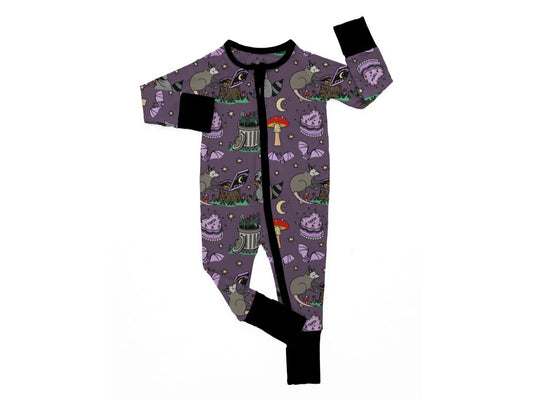 It's a Trash Bestie Party Bamboo Zip Romper! Possum + Raccoon + Bats Witchy Birthday/Pizza party!