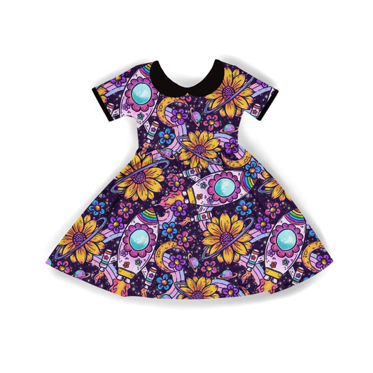 STEM WITCH Bamboo Twirl Dress! Moody Purple + Rockets + Planets! COSMOS!