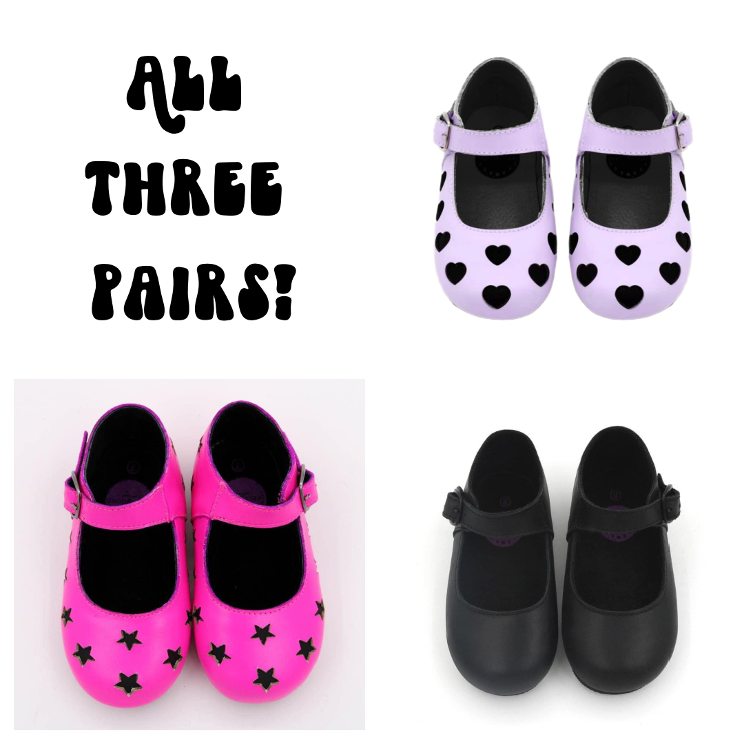 Valentines Special! THREE Pairs of Mix + Match Mary Janes! Pink + Candy Hearts + Matte Black