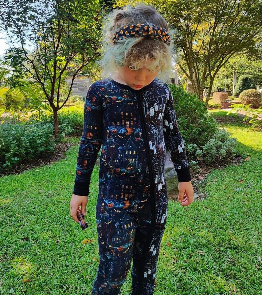 READY TO SHIP - Haunted House + Ghostie Forest Zippy Romper! Ghosts + Skeletons + Halloween Magic!