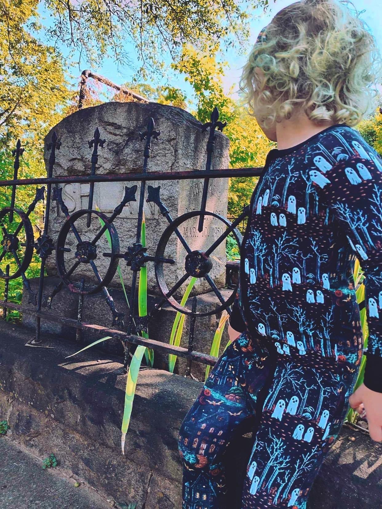READY TO SHIP - Haunted House + Ghostie Forest Zippy Romper! Ghosts + Skeletons + Halloween Magic!