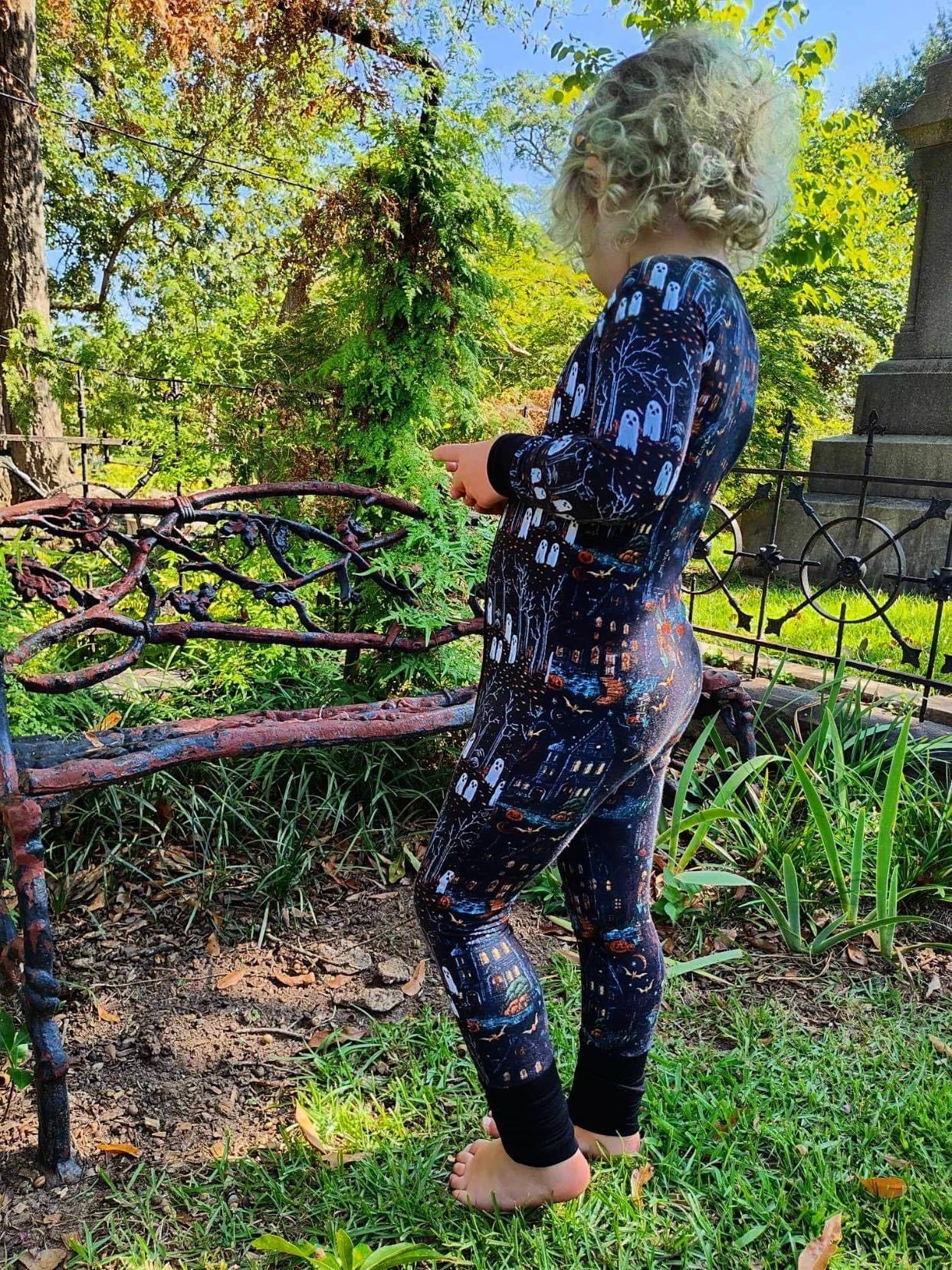 READY TO SHIP - Haunted House + Ghostie Forest Zippy Romper! Ghosts + Skeletons + Halloween Magic!