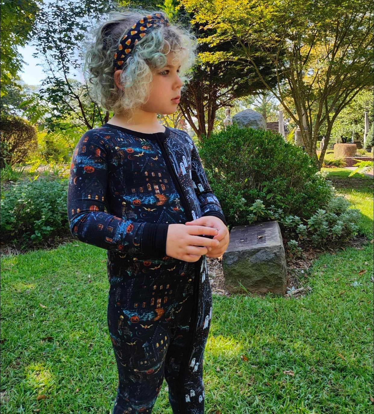 READY TO SHIP - Haunted House + Ghostie Forest Zippy Romper! Ghosts + Skeletons + Halloween Magic!
