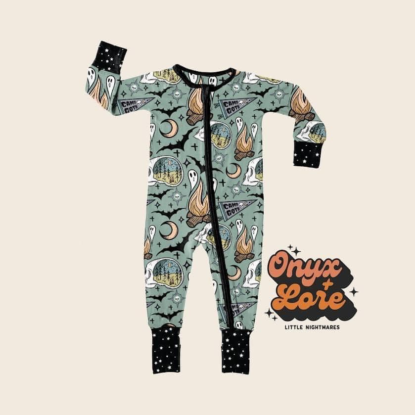 Camp Goth Zip Romper! Wanderlust + Bats + Skull!