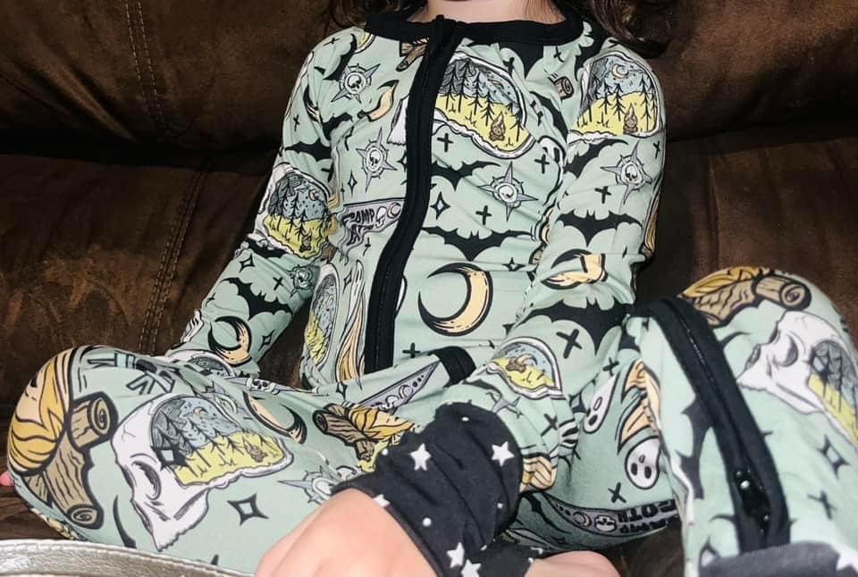 Camp Goth Zip Romper! Wanderlust + Bats + Skull!