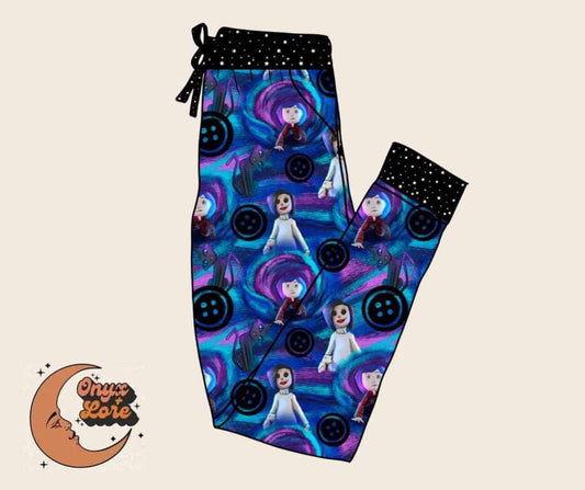 Ready to Ship--Spooky Button Eyes Girl + her Cat Adult Joggers!