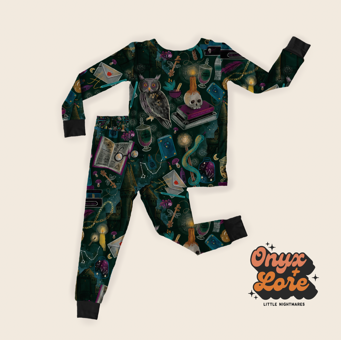 Ready to Ship Wizardly Dark Arts + Academia Two Piece Bamboo Pajamas