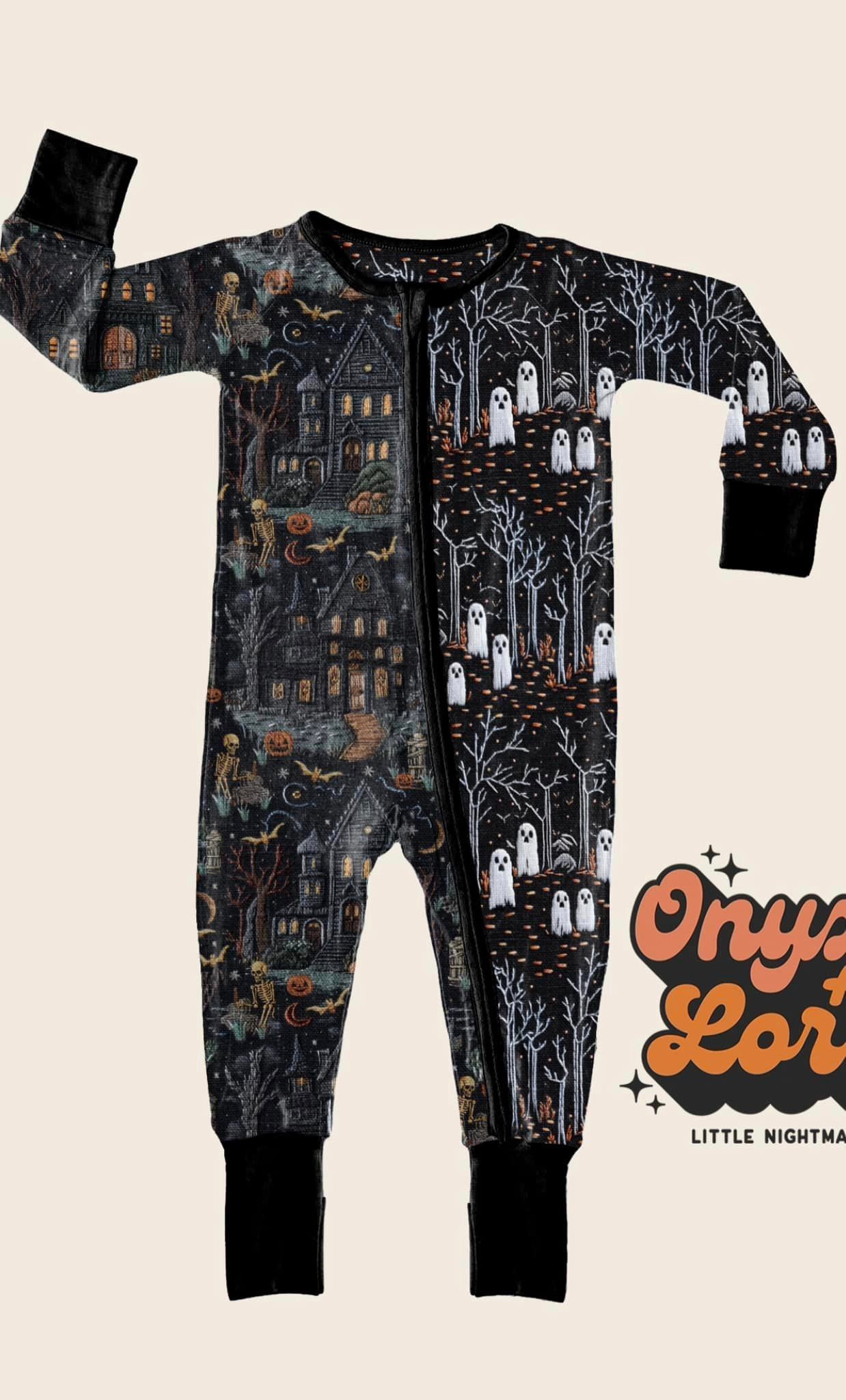 READY TO SHIP - Haunted House + Ghostie Forest Zippy Romper! Ghosts + Skeletons + Halloween Magic!