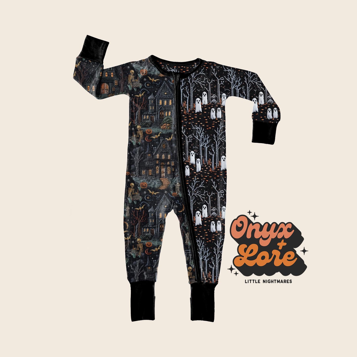 READY TO SHIP - Haunted House + Ghostie Forest Zippy Romper! Ghosts + Skeletons + Halloween Magic!