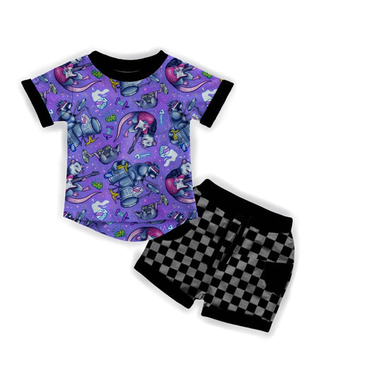 New Shortie + Shirt Set! Hipster Trash Metal Bamboo Shirt w/ Black + Grey Check Shorts! Rock band!