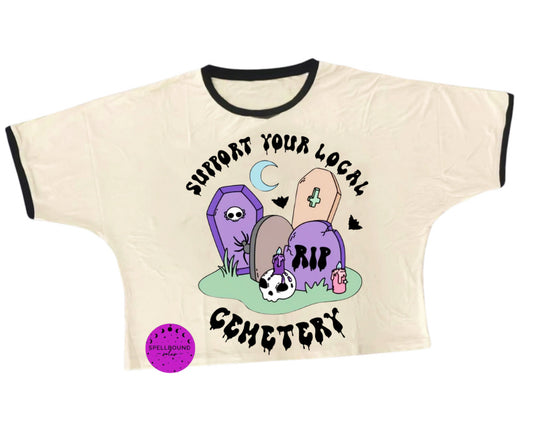 NEW OVERSIZED SUPPORT YOUR LOCAL CEMETERY TOMBSTONE + COFFIN SKULL PASTEL GOTH BAMBOO SHIRT