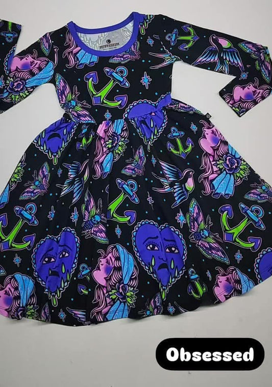 Ready to Ship- ALT VDAY Traditional Tattoo Pink + Purple Bamboo Twirl Dress w/ purple peter pan collar!