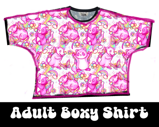 Adult LONGER BOXY SHIRT!-- Fairy Wildlife Friends! Rainbows + Opossum + Raccoon Besties!