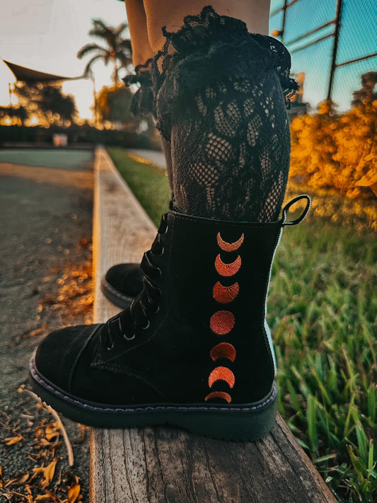 Ready to Ship- Luxe Black Leather Witchy Moonphase Embroidered COMBATS!