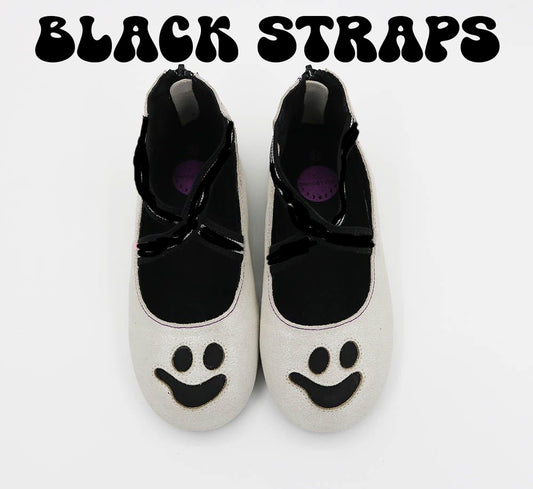 McGhostie White Shimmer + Matte black Aura X Flats WITH BLACK STRAPS
