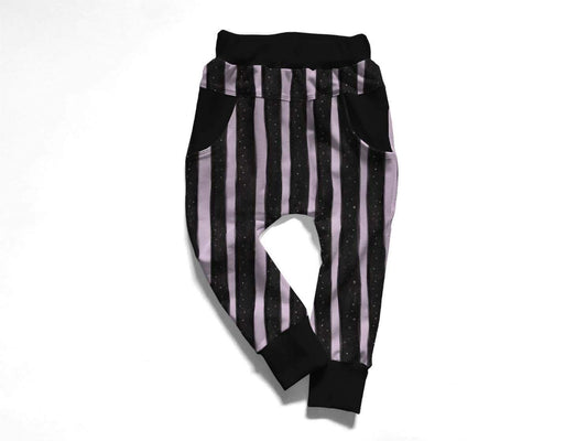 Ready to Ship! KIDS-FALL BEETLE STRIPED LAVENDER + BLACK GOTH JOGGERS!