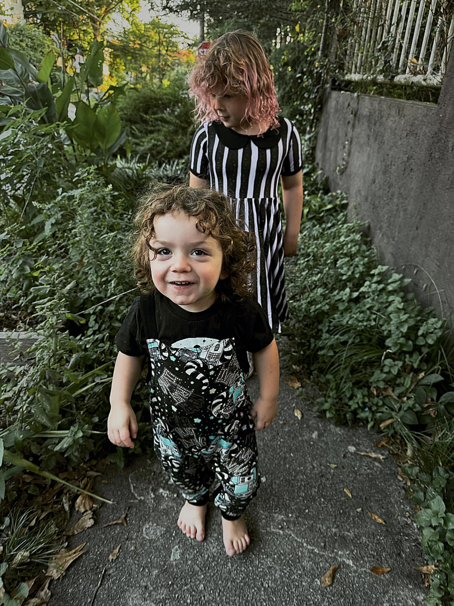 LOGO Nevermore WEDS Grey + Black Striped Bamboo Overalls! Addams + Spooky + Hipster Goth!