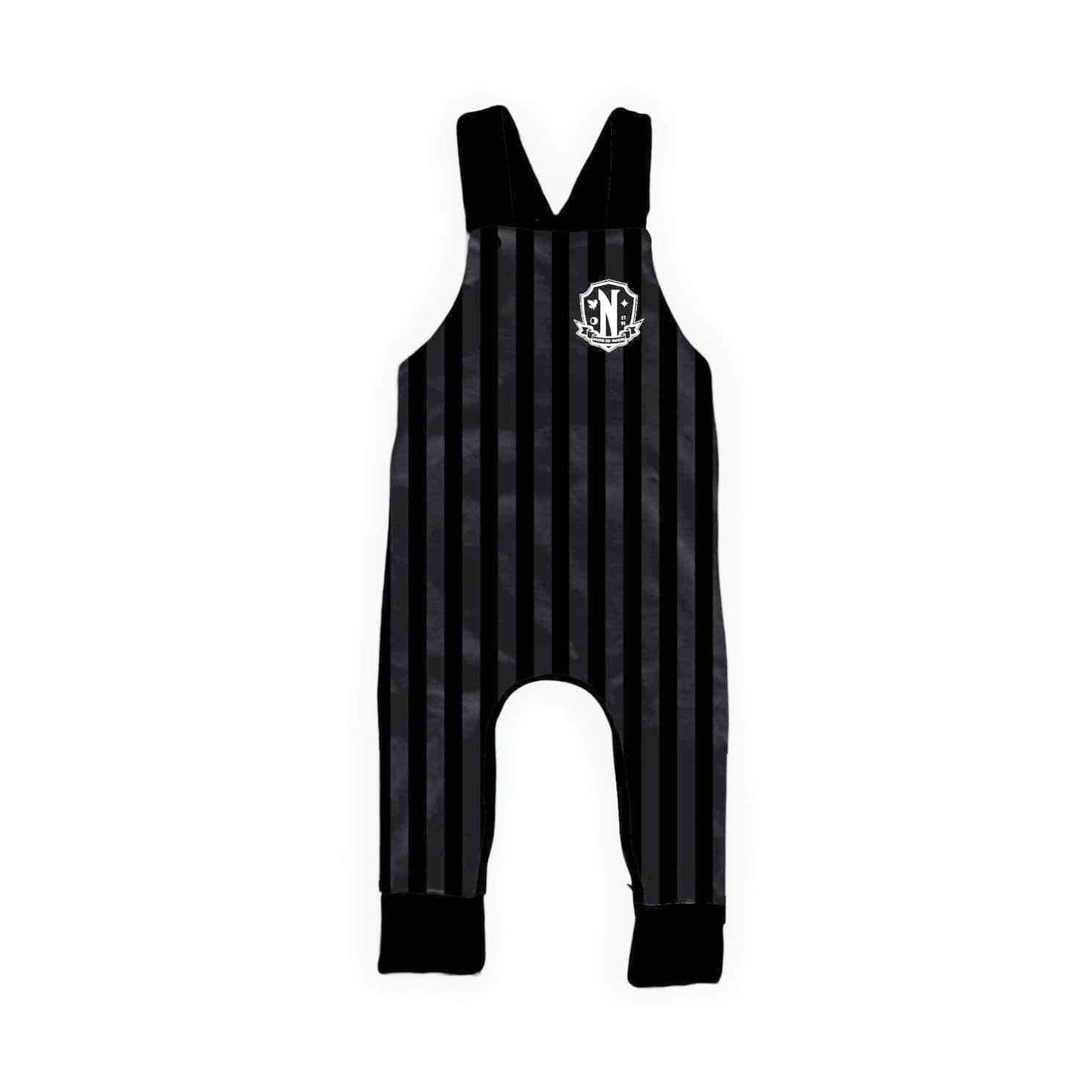 LOGO Nevermore WEDS Grey + Black Striped Bamboo Overalls! Addams + Spooky + Hipster Goth!