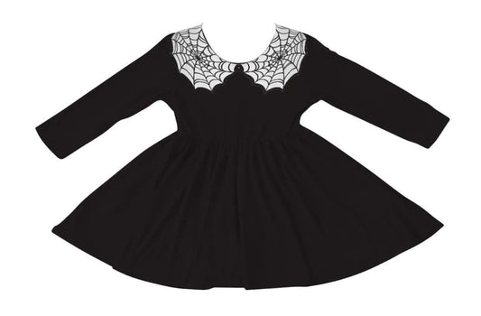 Classically Spooky: The Vintage Web Collar Black Bamboo Twirl! Long Sleeve + White Bat Collar!