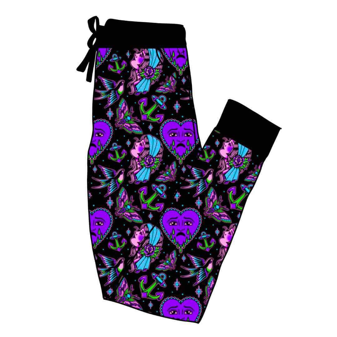 Ready to Ship-- Dark + Moody Purple Traditional Tattoo Vday Crying Heart Joggers!