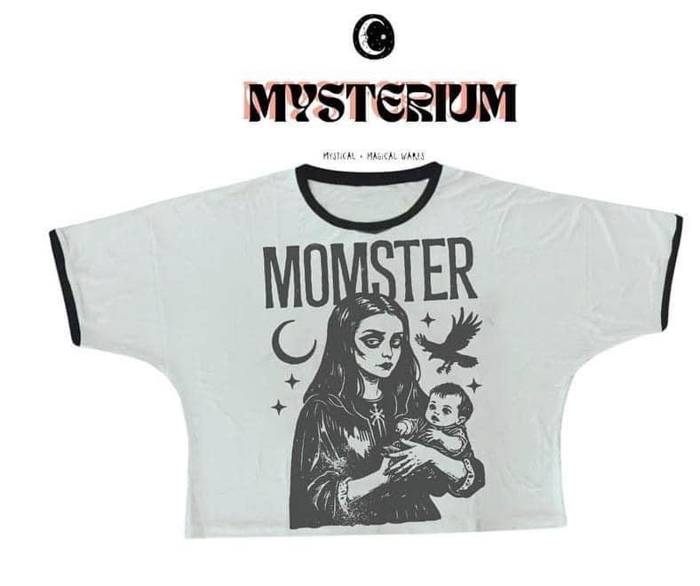 MOMSTER Gothic + Spooky Mama Bamboo Oversized Boxy Vintage T-shirt. Crow/Moons