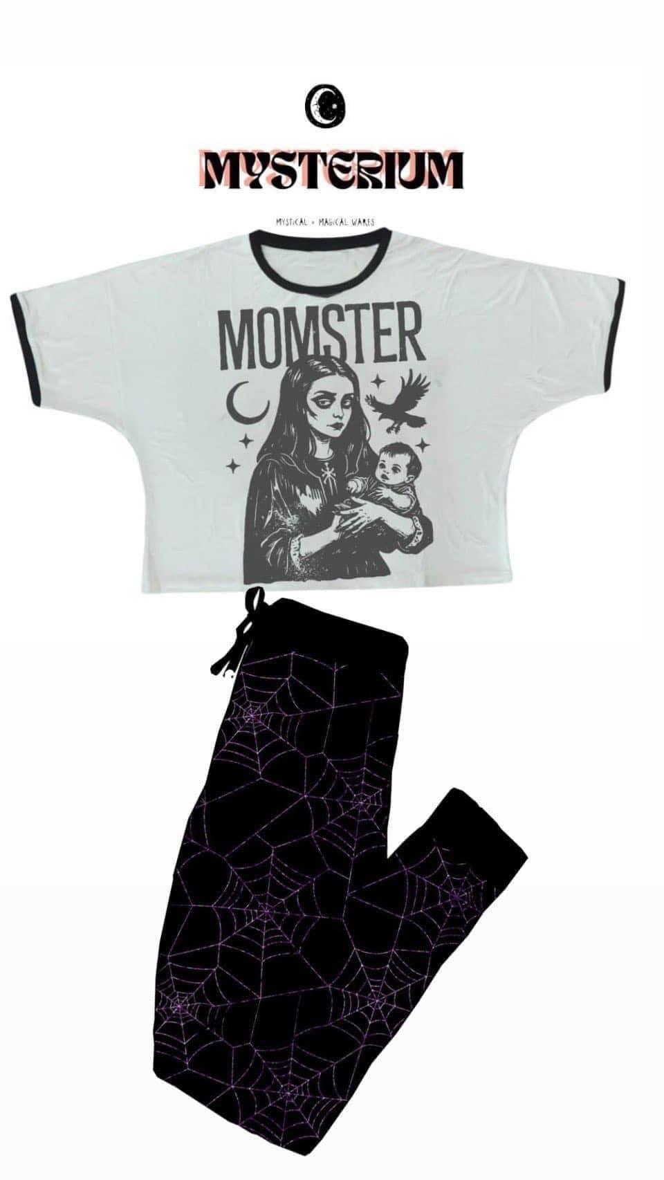 MOMSTER Gothic + Spooky Mama Bamboo Oversized Boxy Vintage T-shirt. Crow/Moons