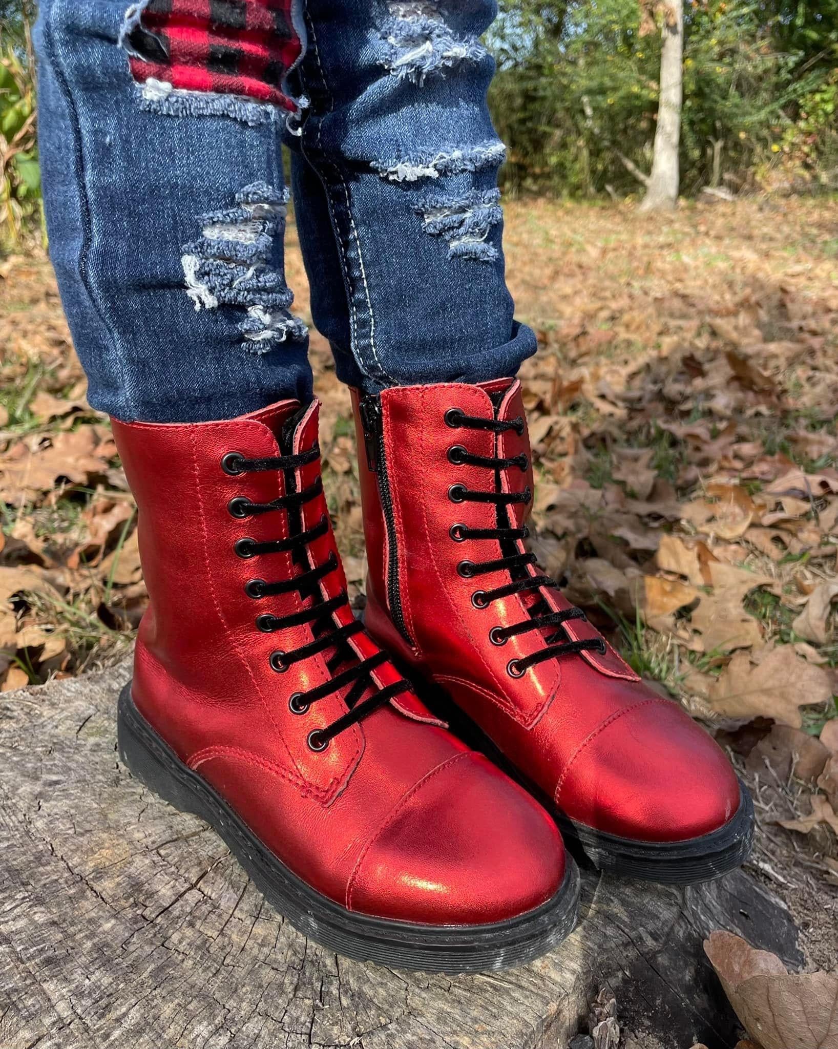 Ready to Ship Christmas Red Metallic Vintage Combat Boots Spellbound Soles