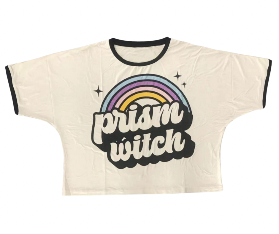 Ready to Ship- RETRO CREAM PRISM WITCH BAMBOO SHIRT! Black Trim + Oversized