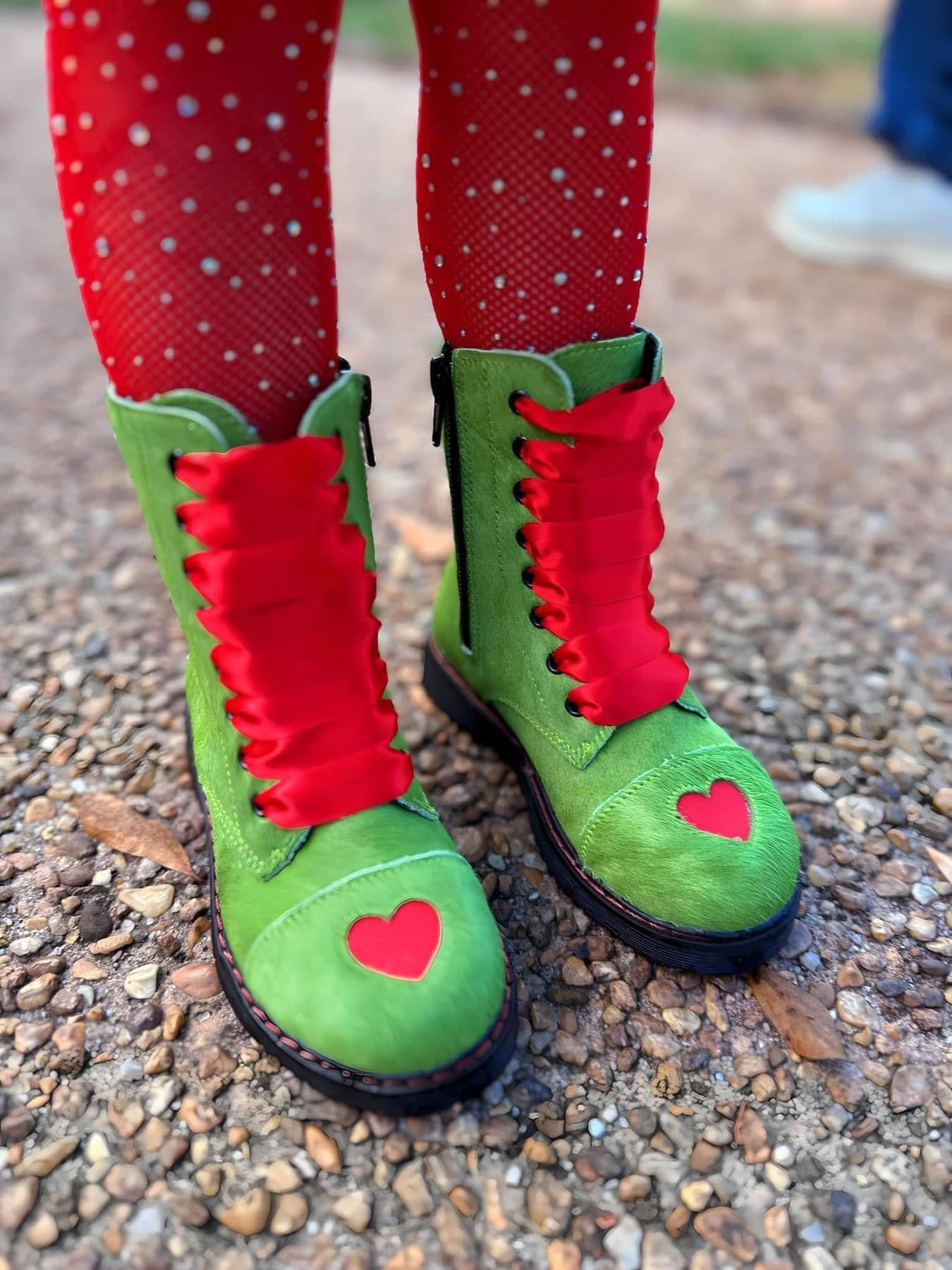 Ready to Ship! You're a  MEAN ONE Green Christmas COMBAT Boots w/ Heart!