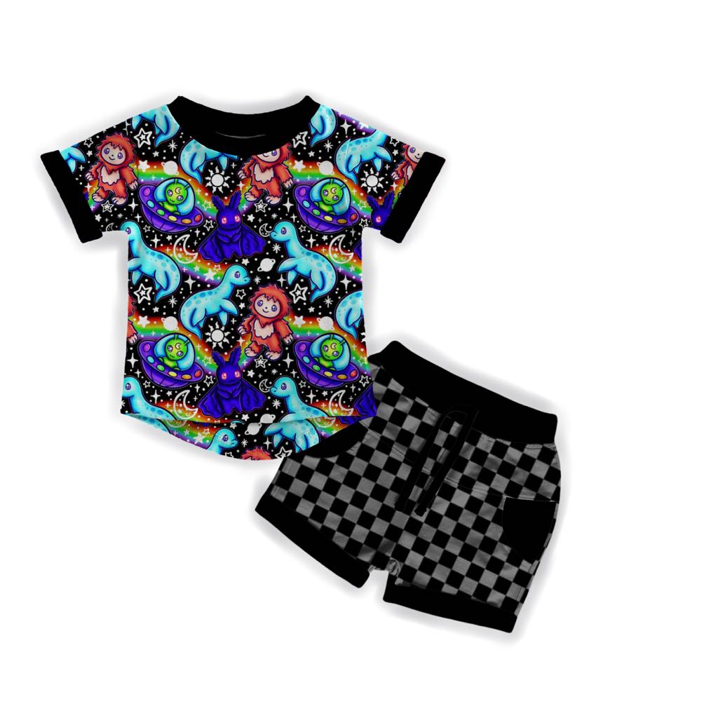 Believe in Yourself + Your Magic Cryptid Friends Black shortie set!! Nessie + Mothman + Bigfoot !