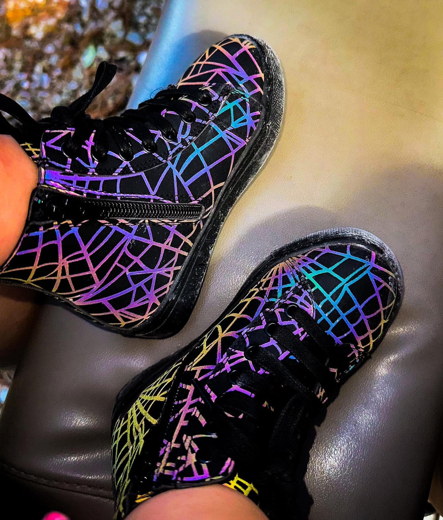 Ready to Ship -- Spooky Reflective Spiderweb HighTOPS! They Glow in the light!