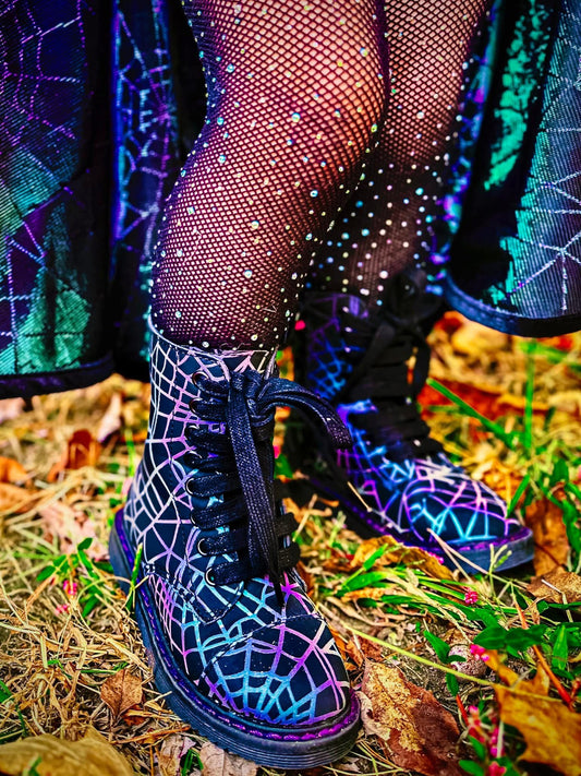 Ready to ship- Spooky Reflective Spiderweb Combat Boots! They Glow in the light!