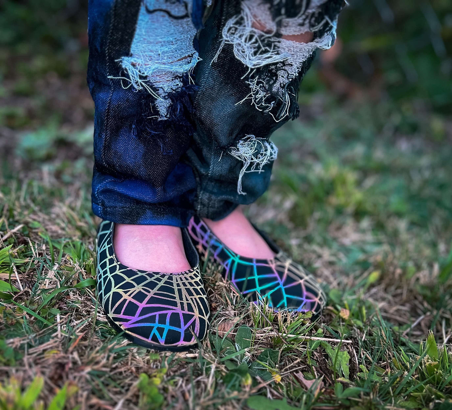 Ready to Ship-- Spooky Girl Spiderweb Reflective Glowy Mary Janes!