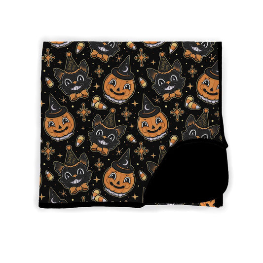 Vintage Halloween Spooky Cats + Pumpkin Bamboo Blanket! Regular or Bat Shaped!