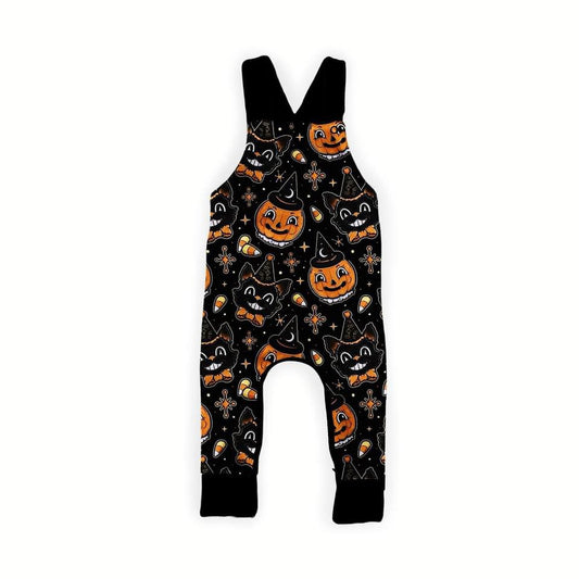 Ready to ship- Vintage Halloween Bamboo Overalls! Pumpkins + Black Cats! Slip on!