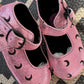 Ready to Ship! Pink Pastel Moon Witch Black Crescent Mary Janes- Luxe + Embroidered