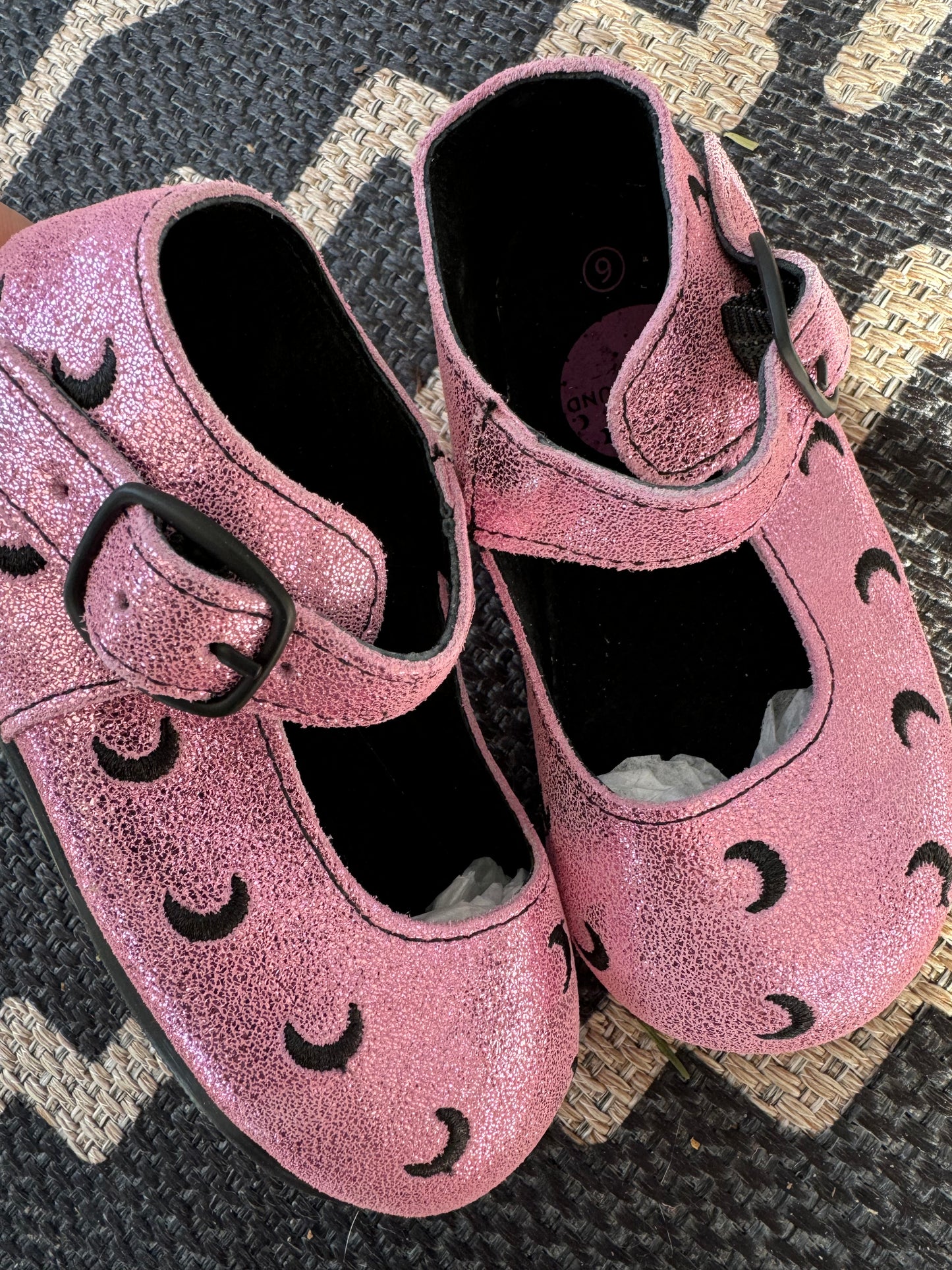 Ready to Ship! Pink Pastel Moon Witch Black Crescent Mary Janes- Luxe + Embroidered