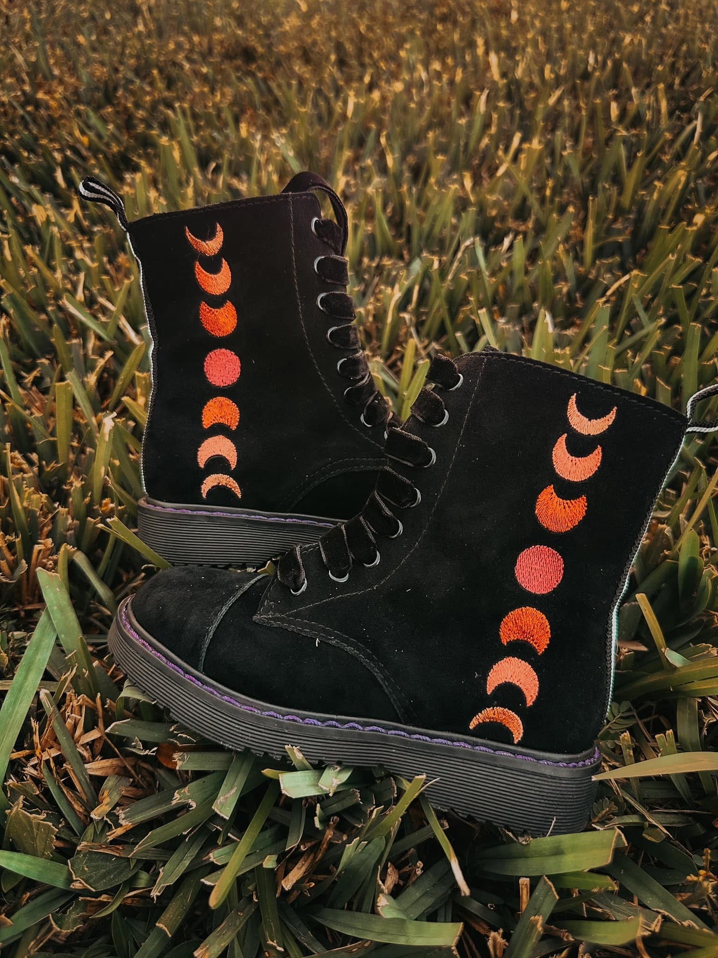 Ready to Ship- Luxe Black Leather Witchy Moonphase Embroidered COMBATS!