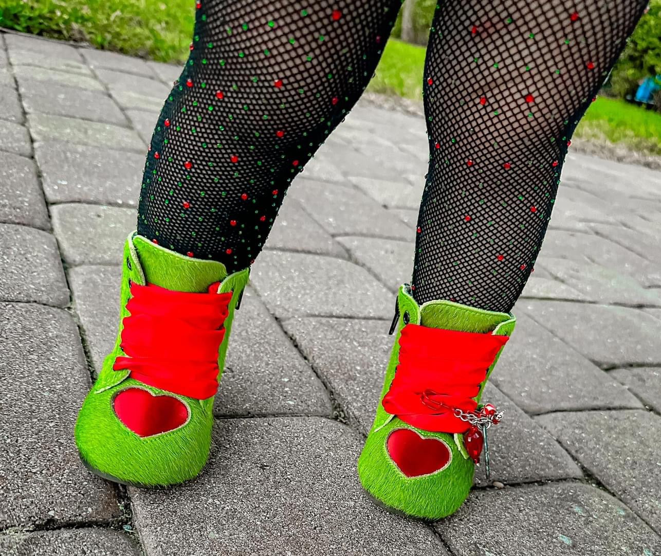 Ready to Ship-You're a Mean One Red Heart  + Green Vintage Nyx Christmas Booties!