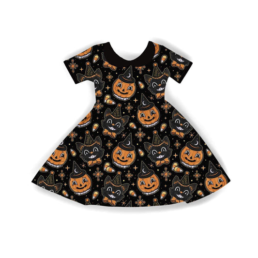 Ready to ship- Vintage Halloween Black Cat + Spooky Pumpkin Bamboo Twirl Dress