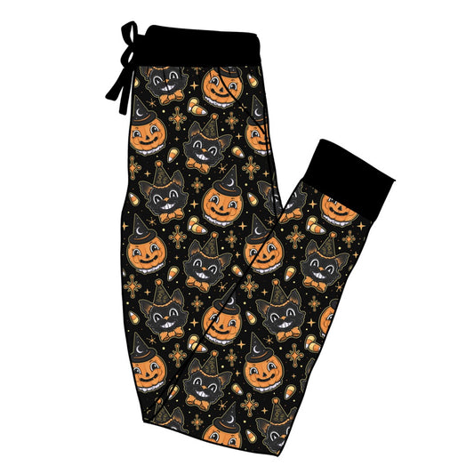 Vintage Halloween Black Cat + Pumpkin Adult Joggers!