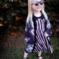 Ready to Ship! PURPLE + BLACK BEETLE STRIPED LAVENDER + BLACK TWIRL DRESSES! PETER PAN COLLAR! (all sizes)