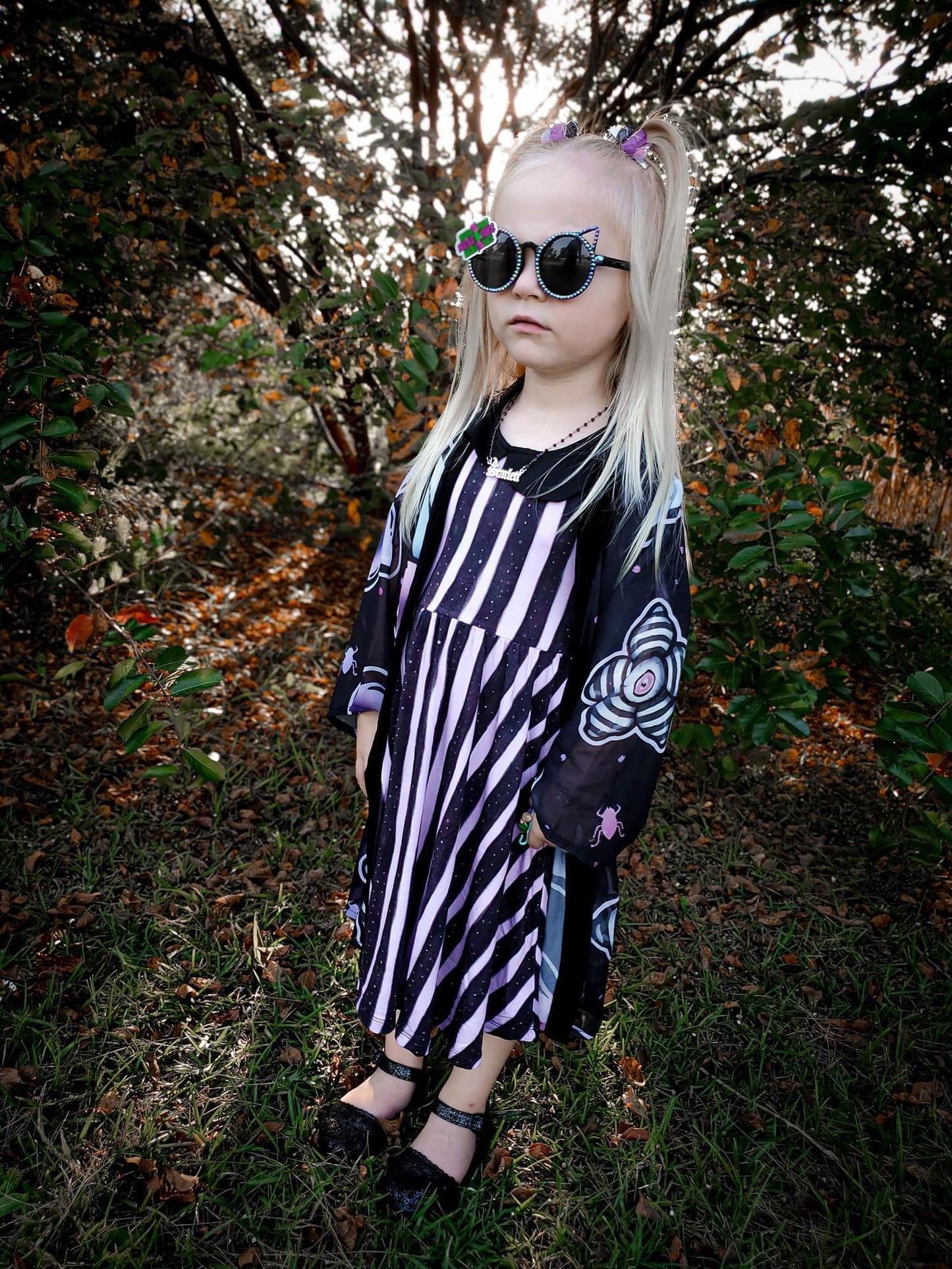 Ready to Ship! PURPLE + BLACK BEETLE STRIPED LAVENDER + BLACK TWIRL DRESSES! PETER PAN COLLAR! (all sizes)