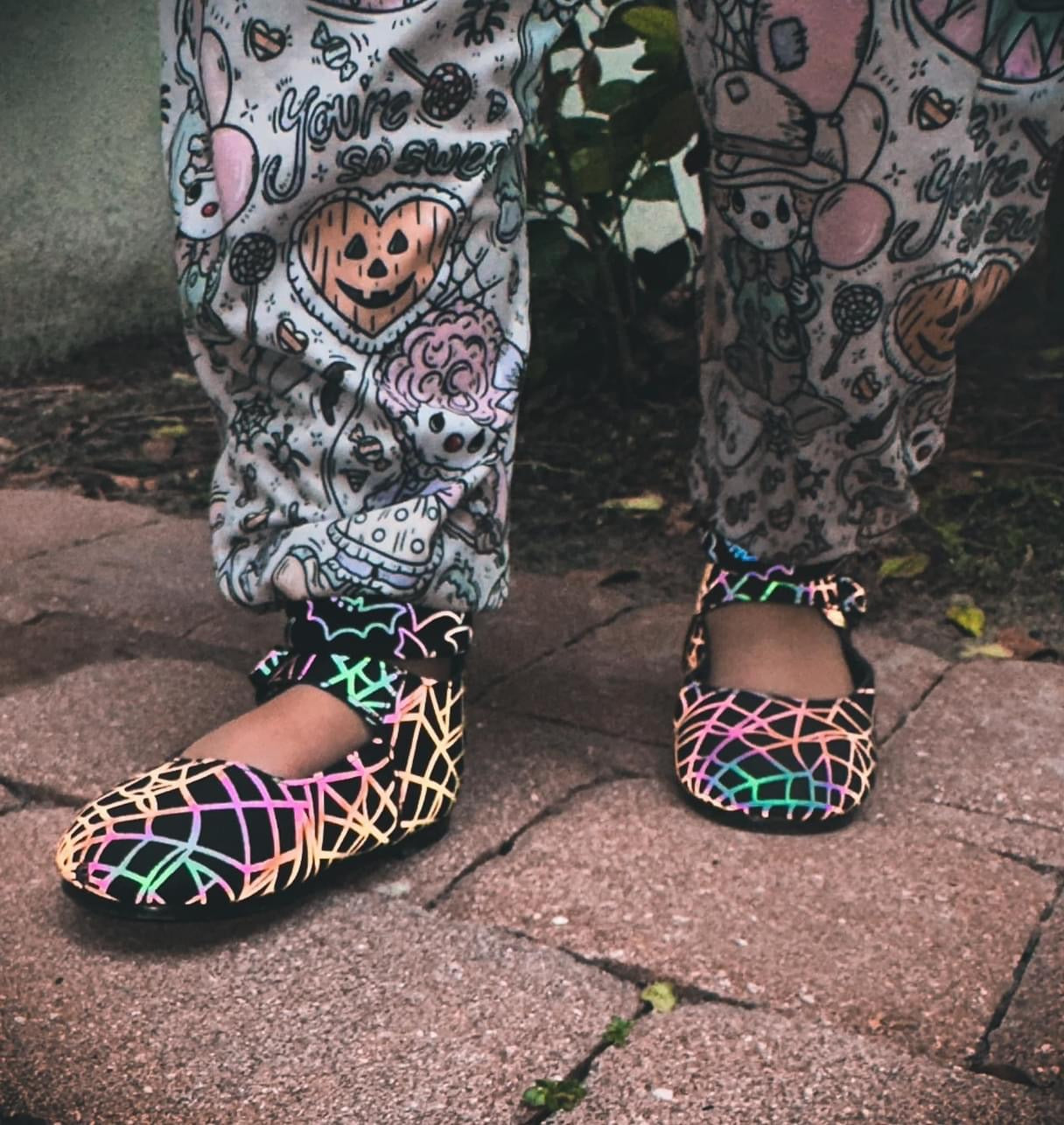 Ready to Ship-- Spooky Girl Spiderweb Reflective Glowy Mary Janes!