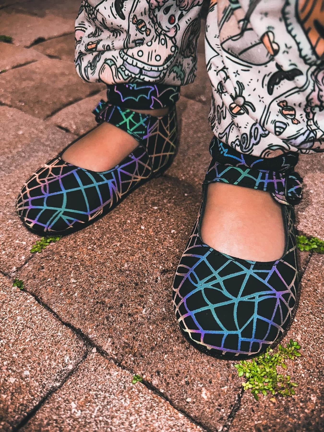 Ready to Ship-- Spooky Girl Spiderweb Reflective Glowy Mary Janes!