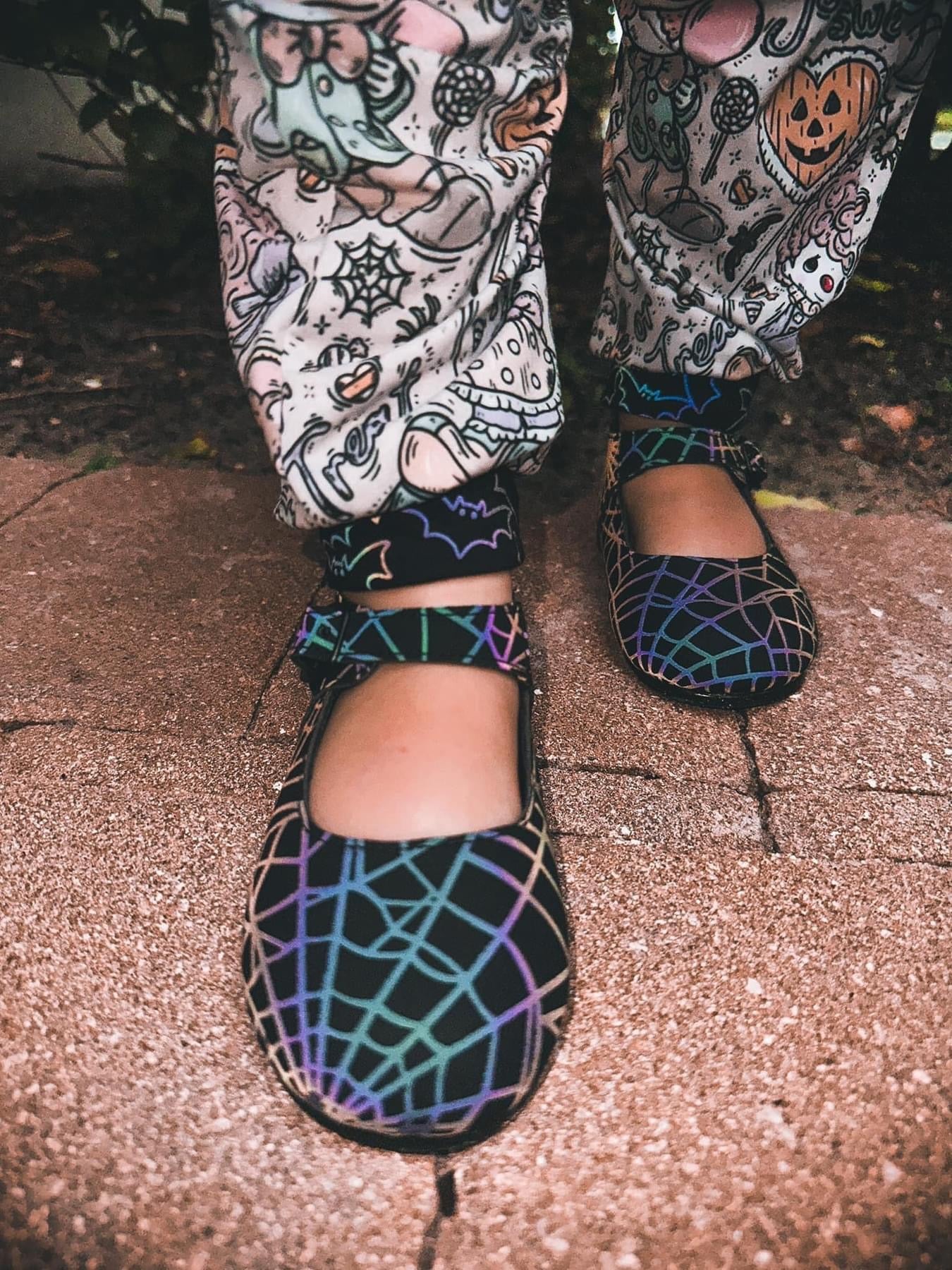 Ready to Ship-- Spooky Girl Spiderweb Reflective Glowy Mary Janes!