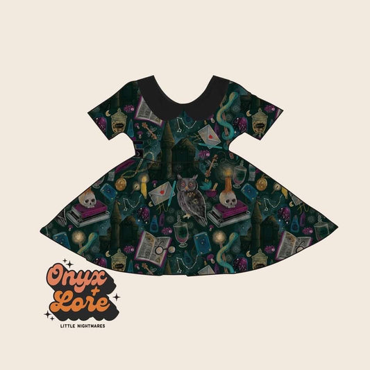 Ready to Ship Wizardly Dark Arts + Academia Twirl Dress with Peter Pan Collar!