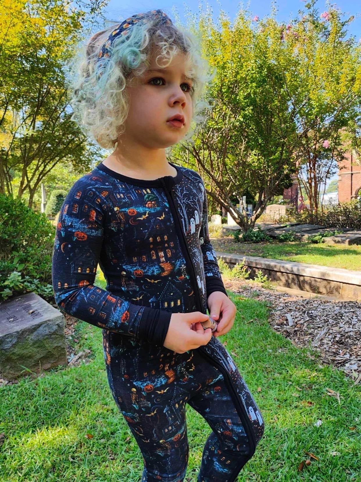 READY TO SHIP - Haunted House + Ghostie Forest Zippy Romper! Ghosts + Skeletons + Halloween Magic!