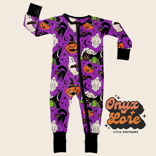 Ready to Ship- Vintage Halloween Zip Romper! Witches + Ghosts + Pumpkins