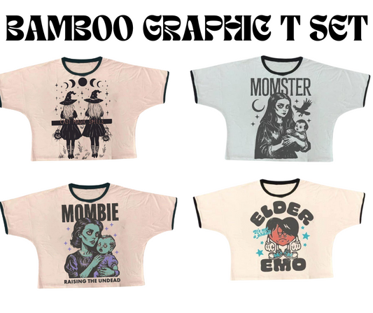 SAT NIGHT SPECIAL! SET OF 4 ADULT BAMBOO GOTHIC GRAPHIC TSHIRTS! MOMSTER + MOMBIE + ELDER EMO + CAST MAGIC SPELLS!